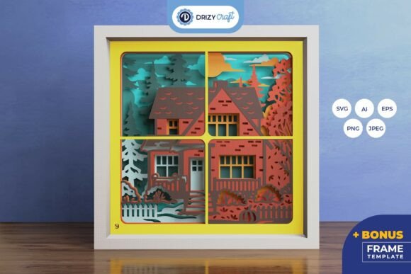 House in 4 Season 3D Shadow Box - 3D SVG