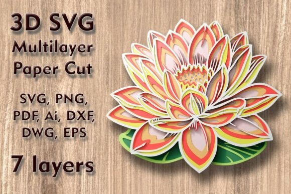 Lotus 3D SVG Multilayer PaperCut Files: Create Stunning 3D Wall Art with Precision