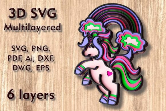 Unicorn 3D SVG Multilayer Laser Cut File: Create Enchanting Wall Art with Precision